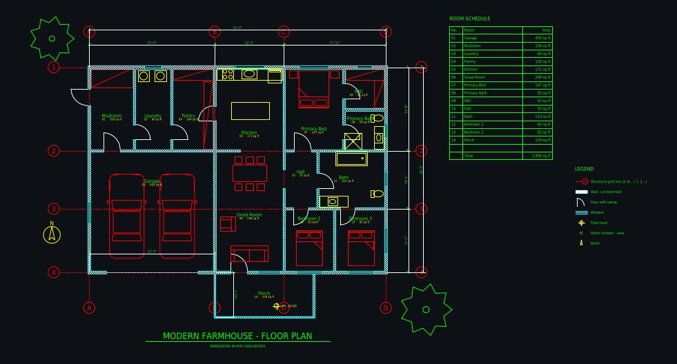 CAD floor plan: Modern farmhouse 52 x 36 ft: 3 bed, mudroom, walk-in pantry, with walls, doors, windows, dimensions and room areas