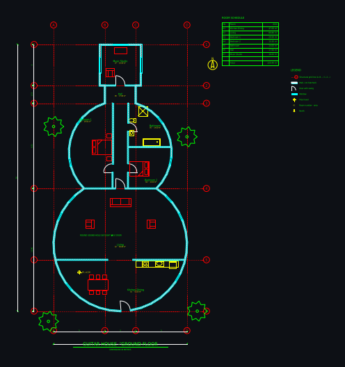CAD floor plan: Guitar-shaped house, 26 m long, with music studio in the headstock, with walls, doors, windows, dimensions and room areas