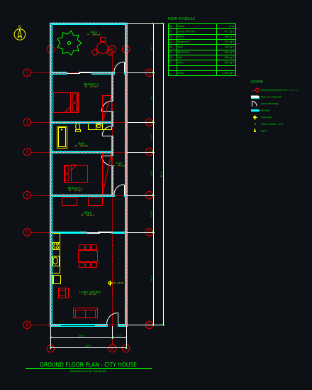 CAD floor plan: Narrow house on a 20 ft wide lot: 2 bedrooms, office, 1 bath, with walls, doors, windows, dimensions and room areas