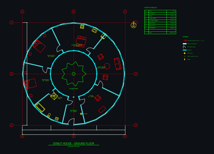 CAD floor plan drawn by AI: Donut house: ring home 18 m around a round courtyard