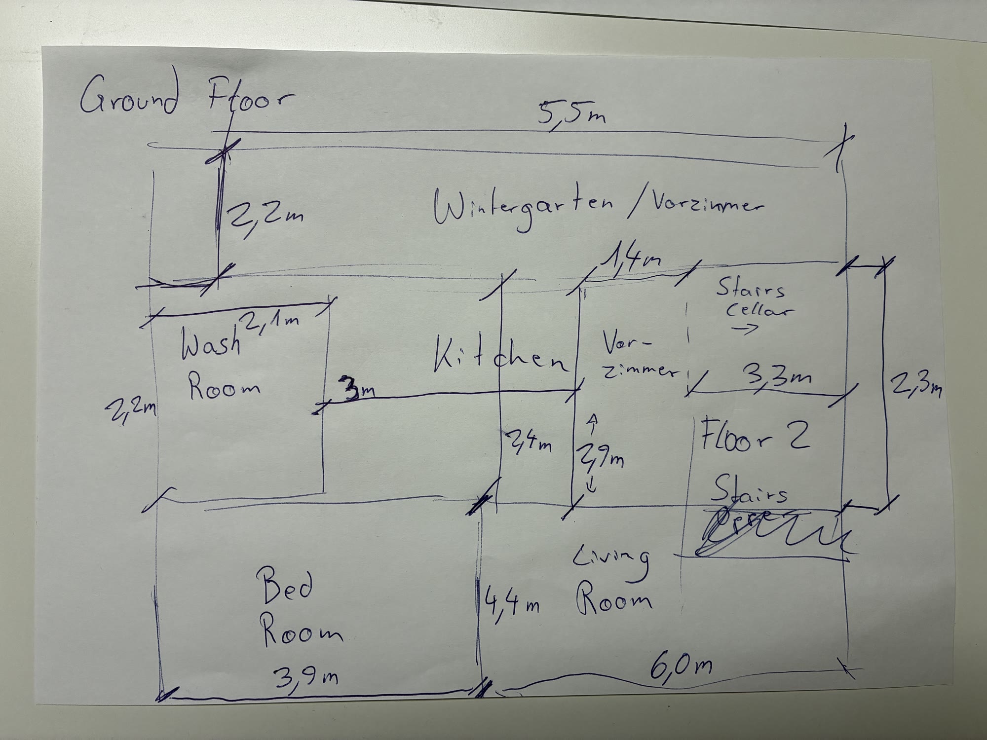 The photo or sketch the drafter drew Hand sketch to CAD: ground floor with winter garden from