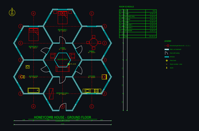 CAD floor plan: Honeycomb house: seven hexagonal rooms, 5 m each, with walls, doors, windows, dimensions and room areas