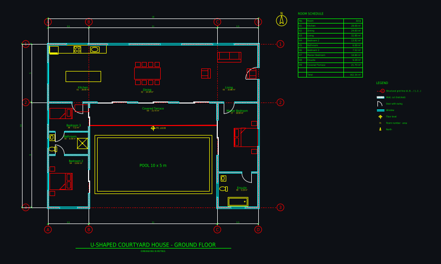 CAD floor plan: U-shaped pool house 18 × 14 m: 3 bedrooms, 2 baths, terrace around the pool, with walls, doors, windows, dimensions and room areas