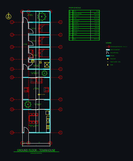 CAD floor plan: Narrow townhouse on a 5 m wide lot: 3 bedrooms, 2 courtyards, with walls, doors, windows, dimensions and room areas