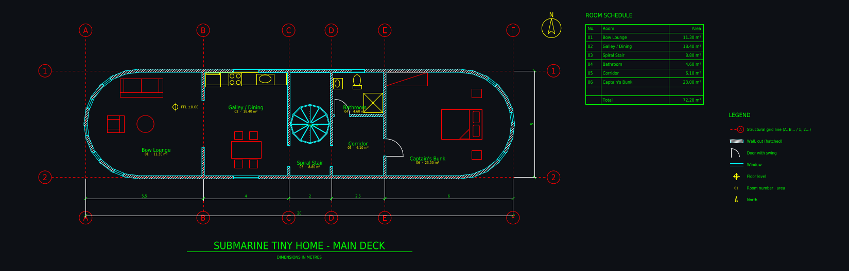 CAD floor plan: Submarine tiny home: 20 × 5 m hull with rounded ends, with walls, doors, windows, dimensions and room areas