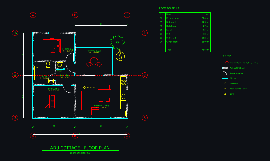 CAD floor plan: L-shaped backyard cottage (ADU) 10 × 9 m: 2 bedrooms, covered patio, with walls, doors, windows, dimensions and room areas