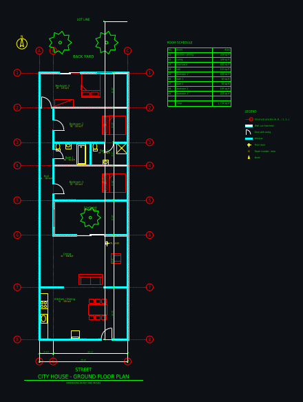 CAD floor plan: Narrow house on a 25 ft wide lot: 3 bedrooms, 2 baths, courtyard, with walls, doors, windows, dimensions and room areas