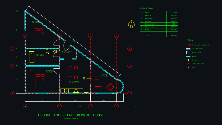 CAD floor plan: Flatiron-style wedge home on a triangular plot, 20 × 16 × 12 m, with walls, doors, windows, dimensions and room areas