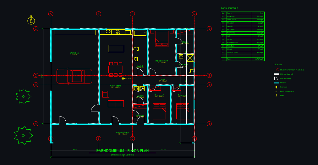 CAD floor plan: 40 × 60 ft barndominium: 3 bed, 2 bath, workshop with roll-up door, front porch, with walls, doors, windows, dimensions and room areas