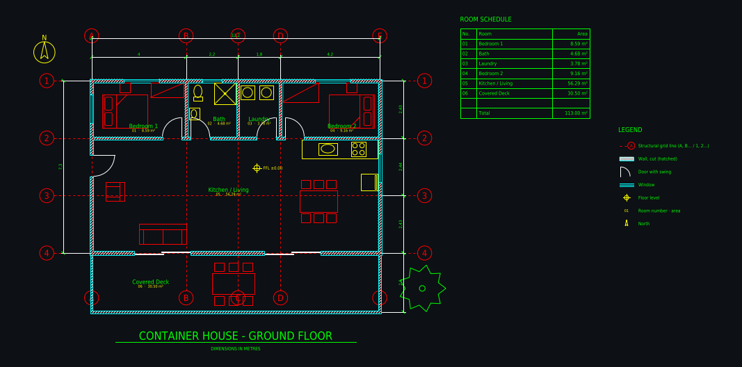 CAD floor plan: Shipping container home 12.2 × 7.3 m, 2 bedrooms, with walls, doors, windows, dimensions and room areas