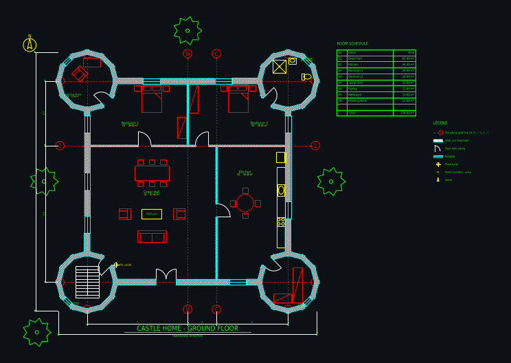 CAD floor plan: Castle home 14 × 14 m with four round corner towers