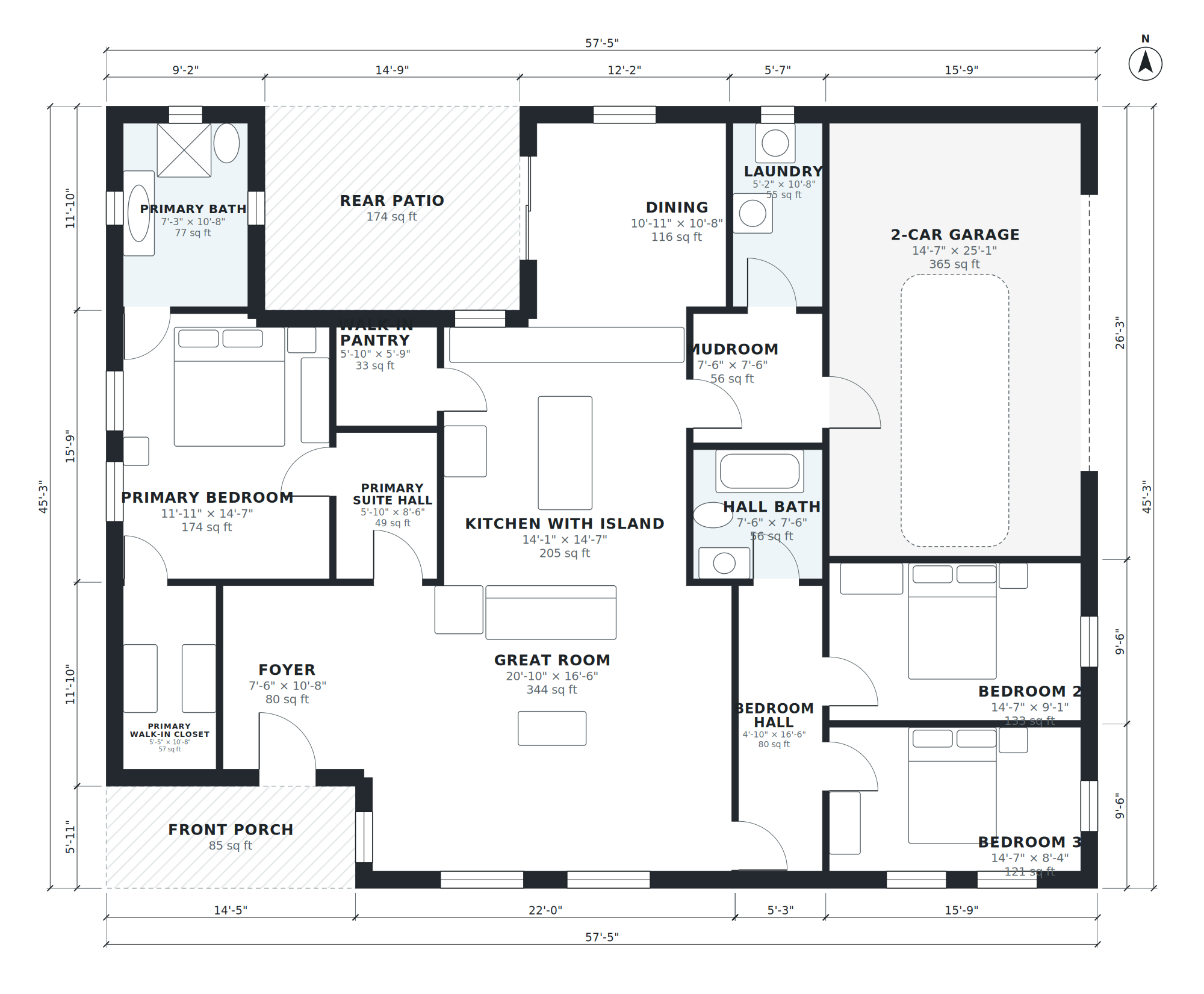 Version 1 floor plan: AI-generated dimensioned floor plan with room names, sizes and areas