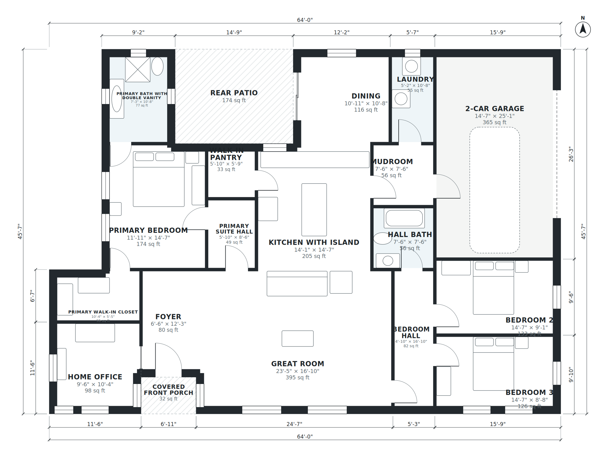 Version 2 floor plan: AI-generated dimensioned floor plan with room names, sizes and areas
