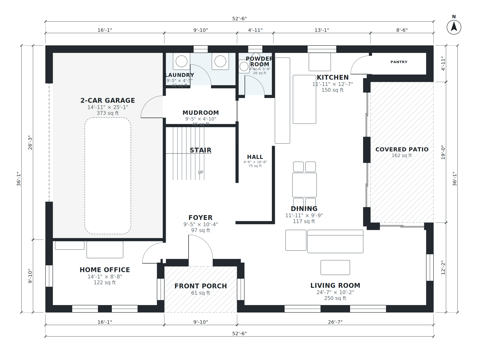 Version 1 ground floor: AI-generated dimensioned floor plan with room names, sizes and areas