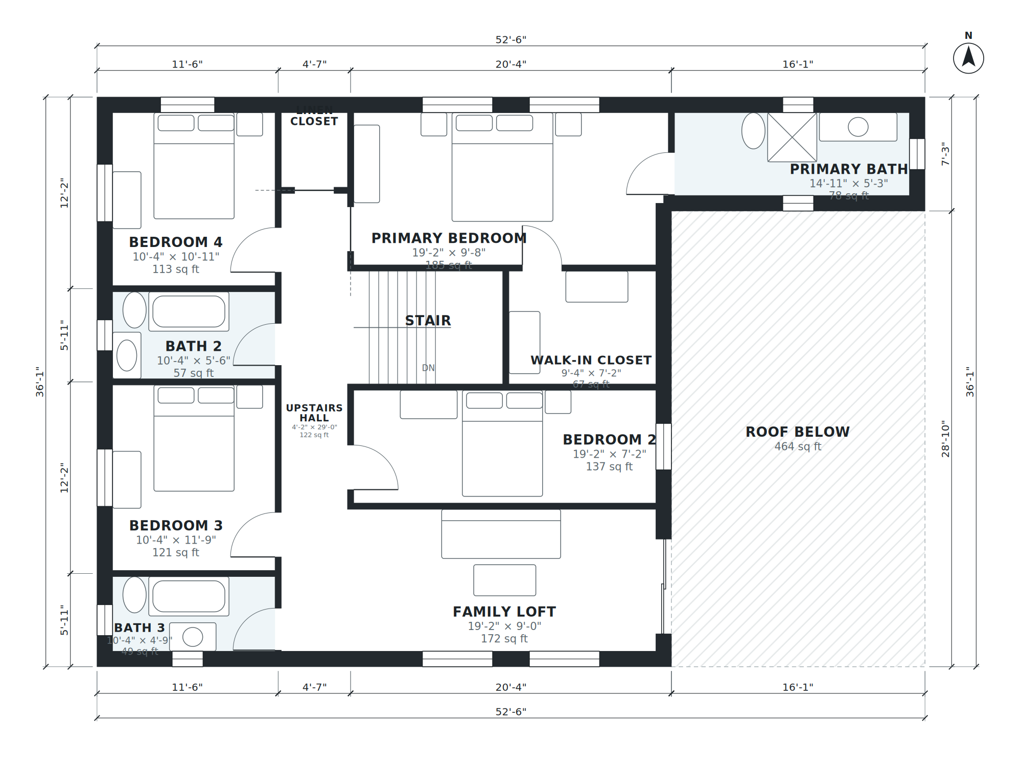 Version 1 floor 2: AI-generated dimensioned floor plan with room names, sizes and areas