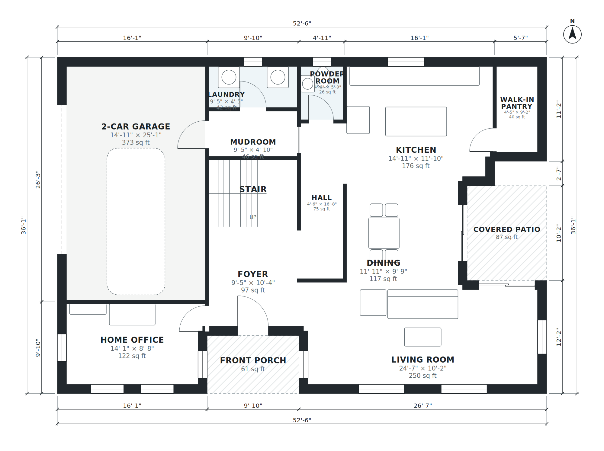 Version 2 ground floor: AI-generated dimensioned floor plan with room names, sizes and areas