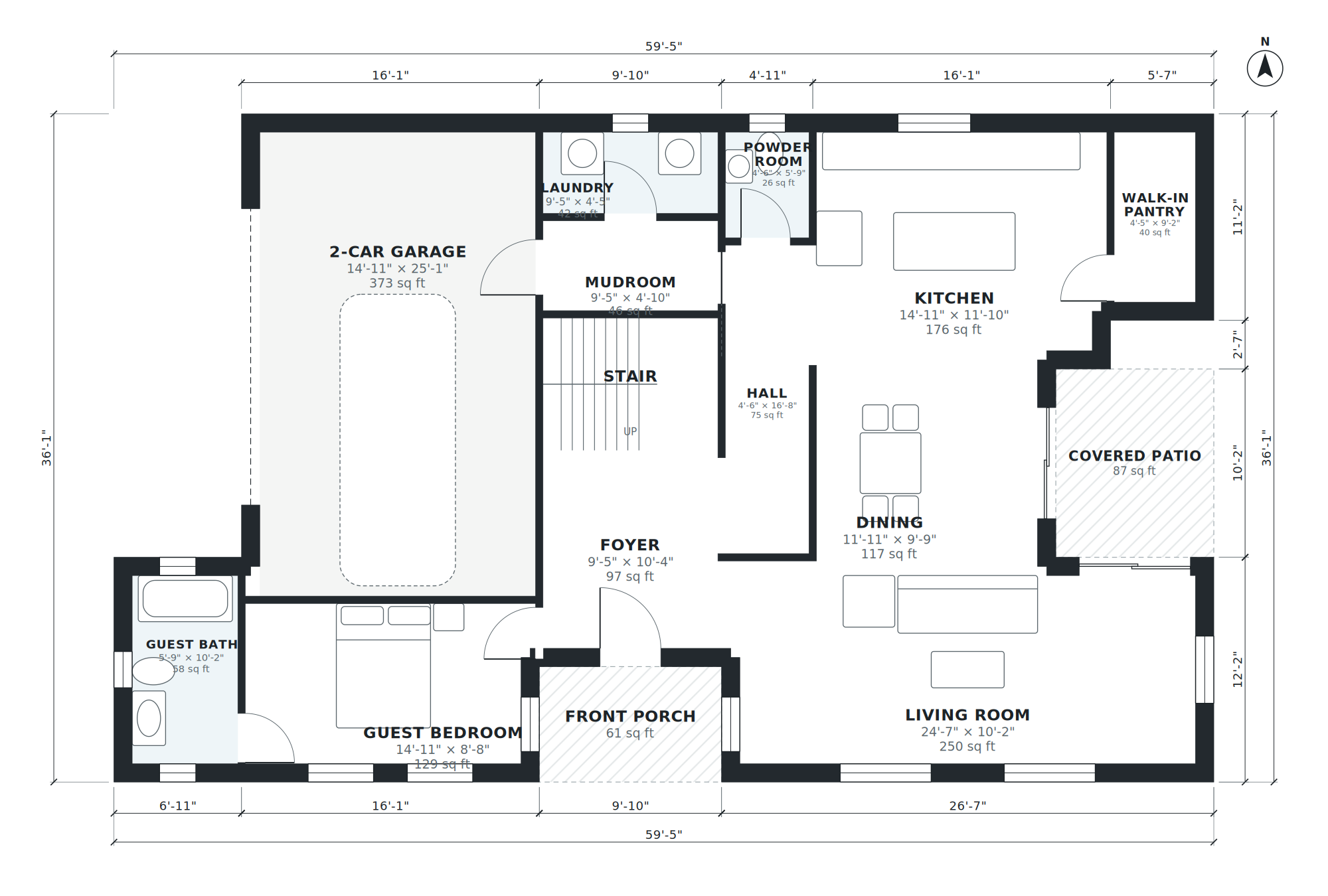 Version 3 ground floor: AI-generated dimensioned floor plan with room names, sizes and areas