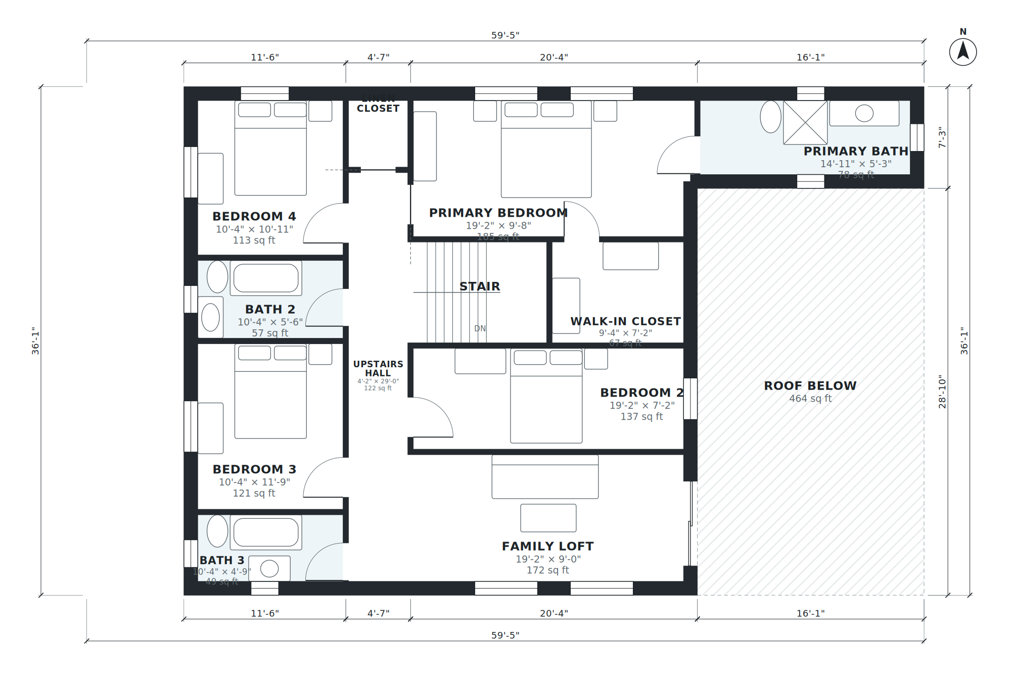 Version 3 floor 2: AI-generated dimensioned floor plan with room names, sizes and areas