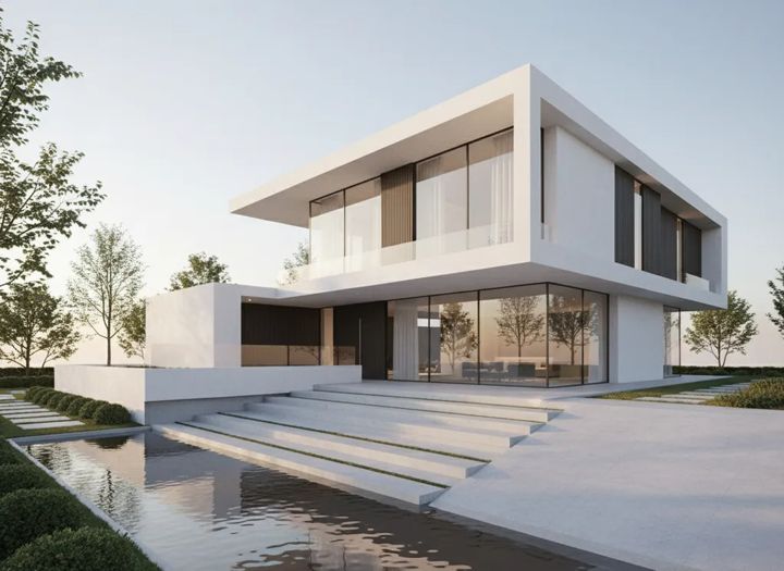 Photoreal render of a modern house made from a pencil sketch