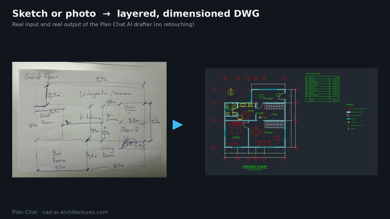 Plan Chat AI Drafter, LISP edition: a hand sketch of a floor plan and the layered, dimensioned CAD drawing made from it
