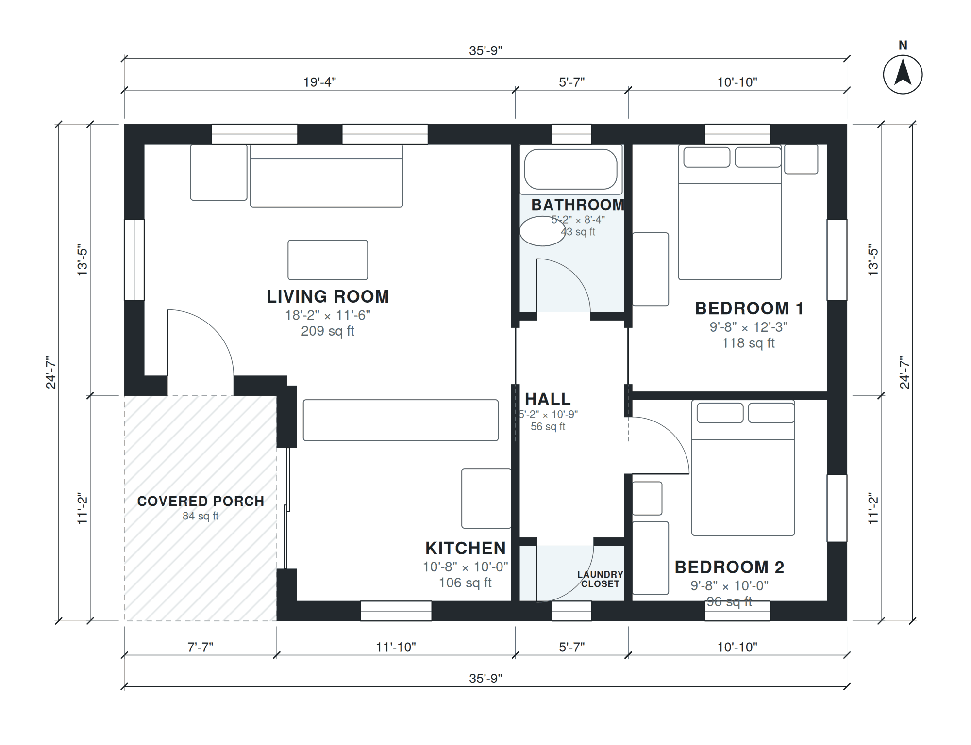 2 bedroom ADU floor plan with dimensions