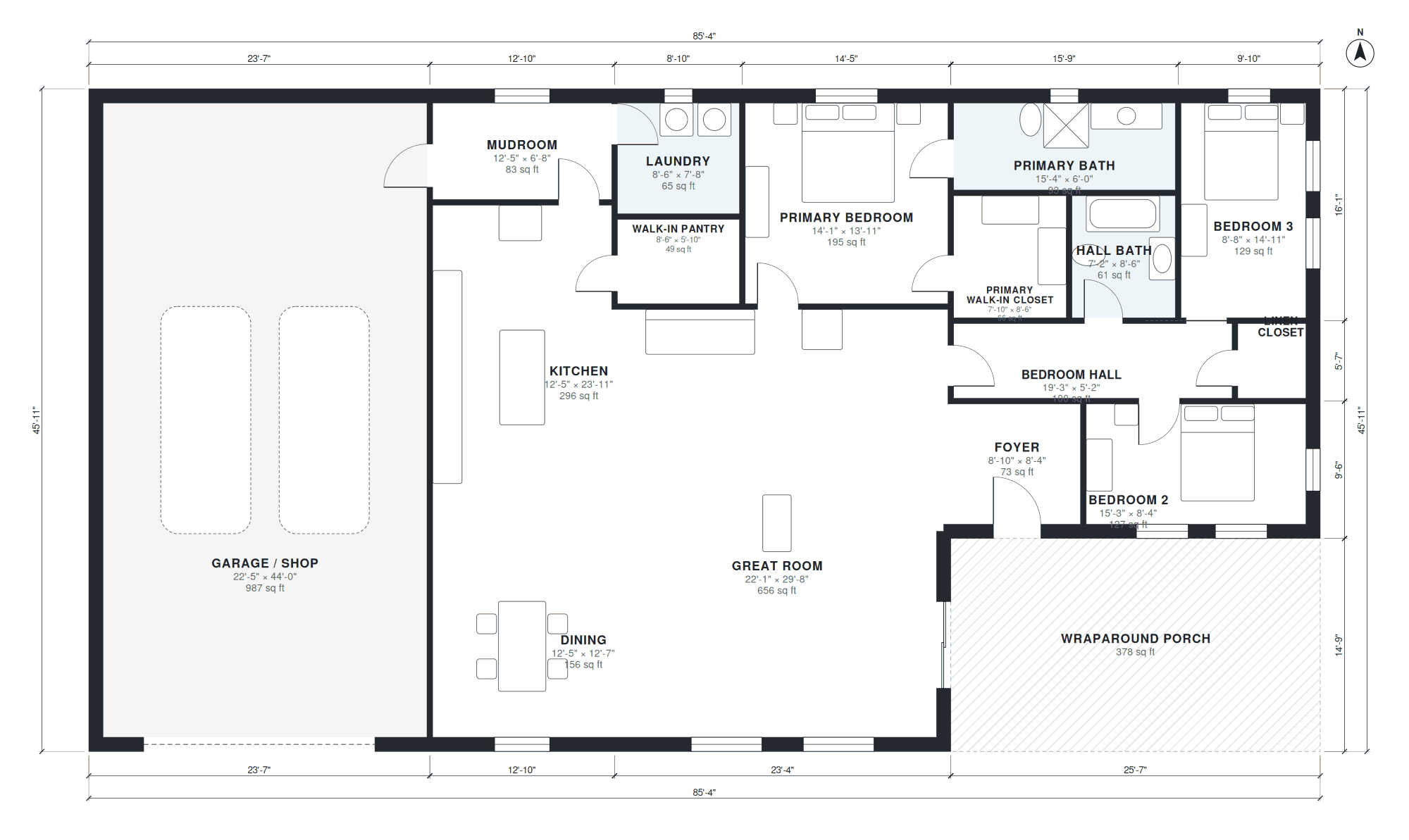 Barndominium floor plan with dimensions