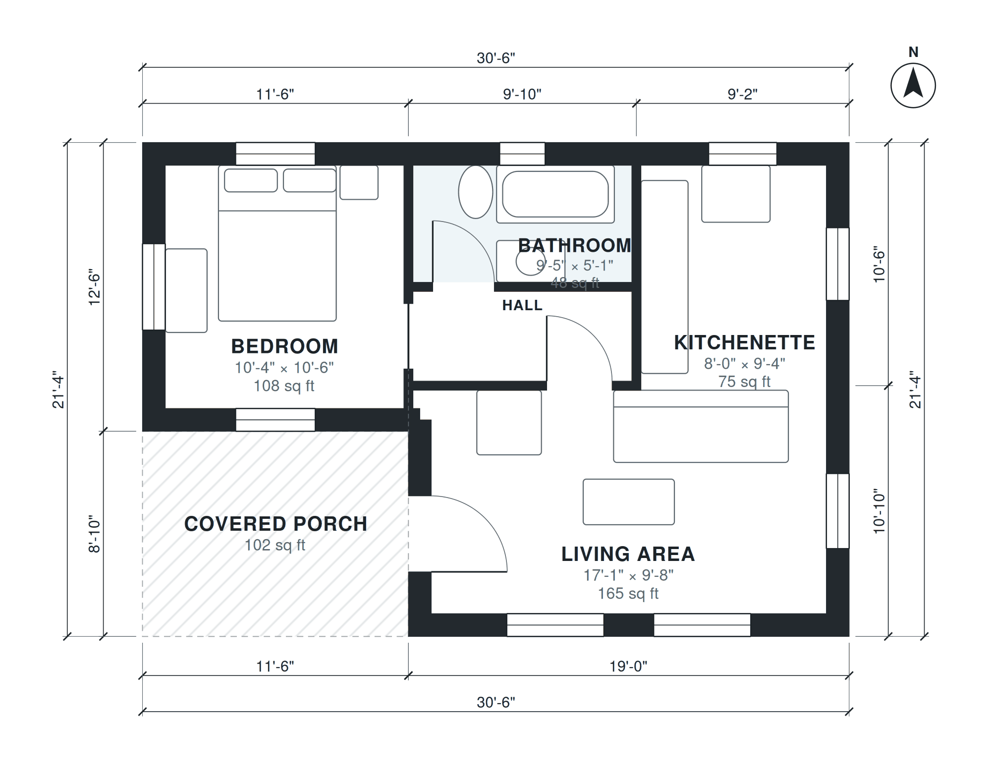 Guest house floor plan with dimensions