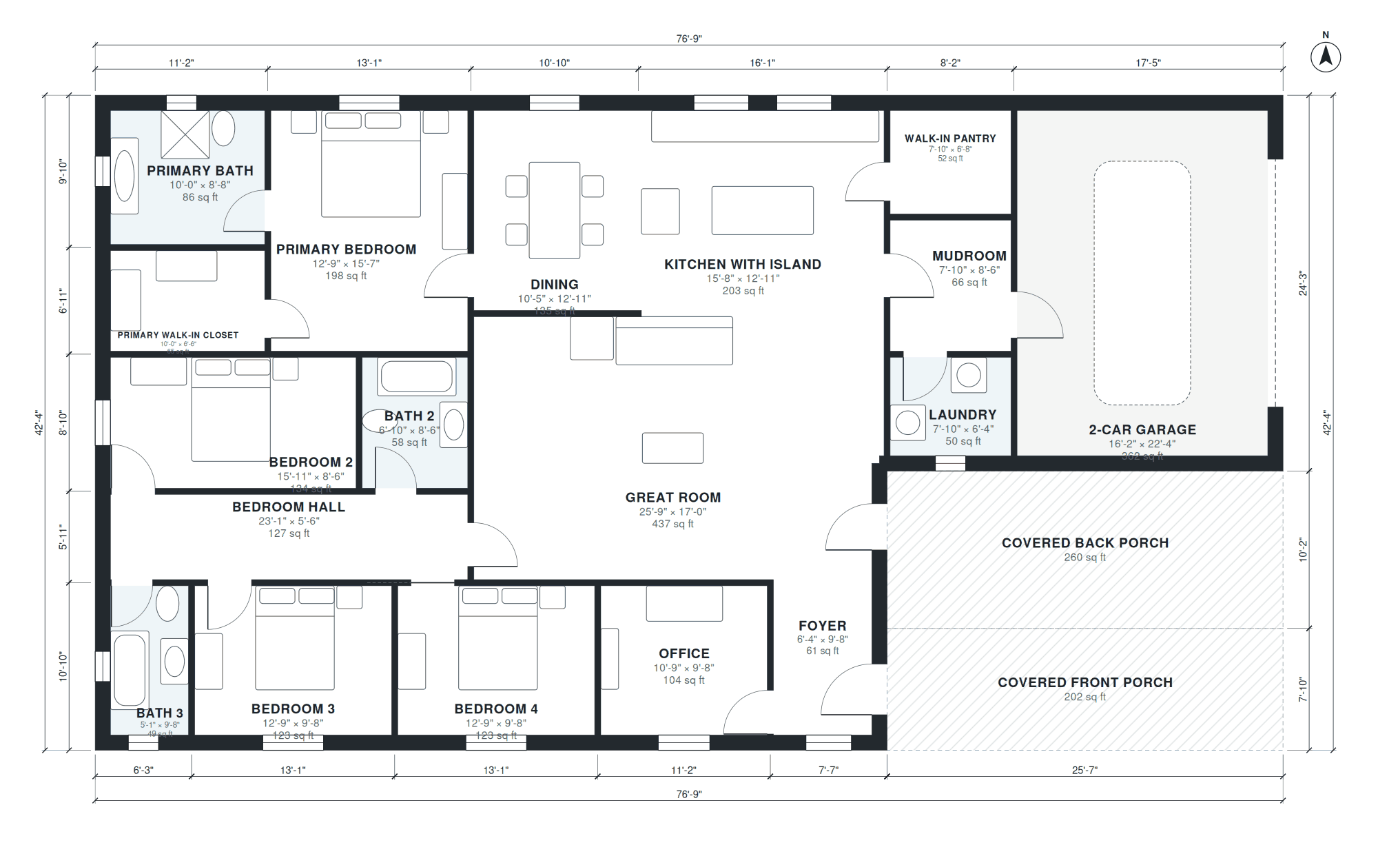 Modern farmhouse floor plan with dimensions