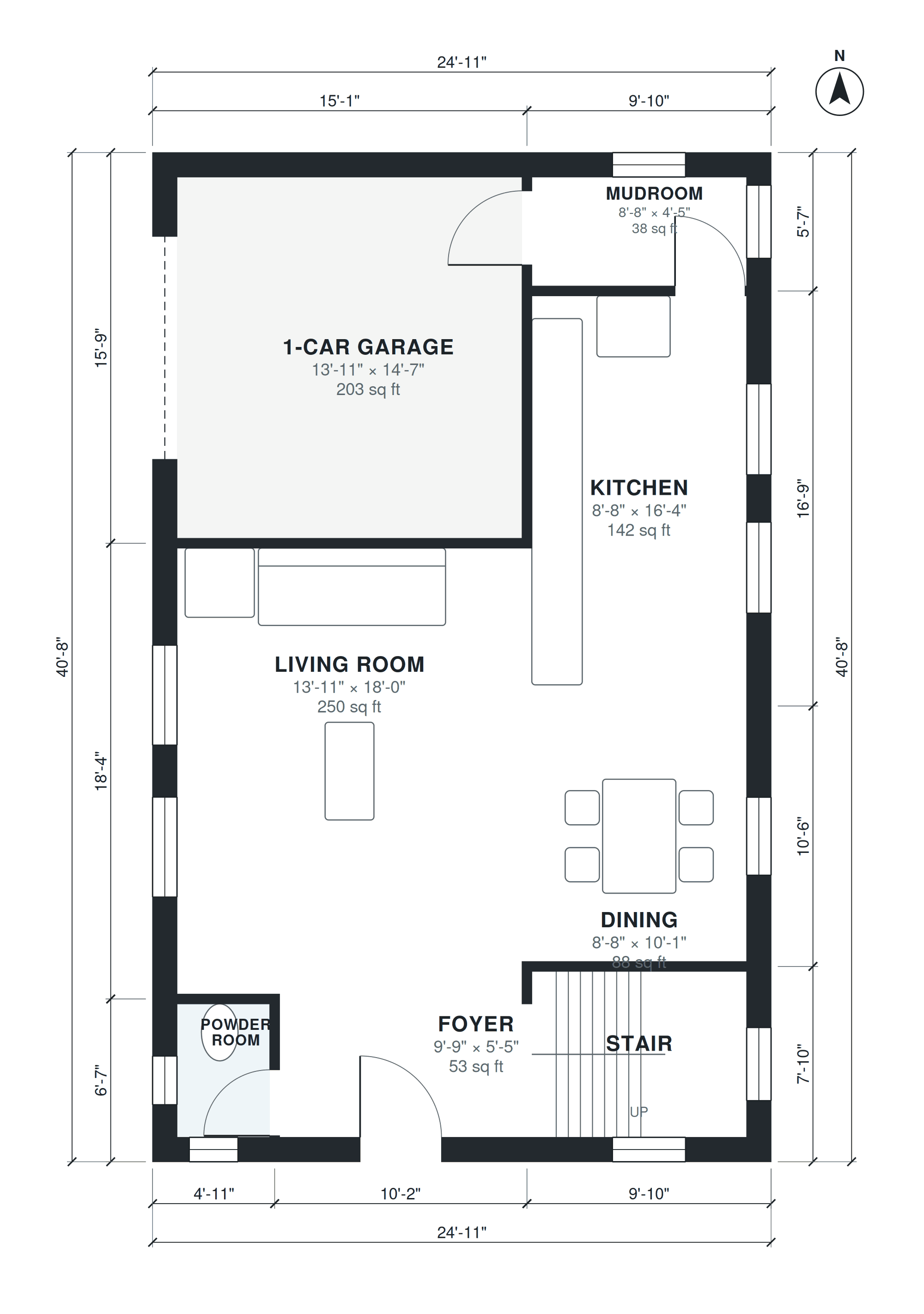 Narrow lot house floor plan with dimensions
