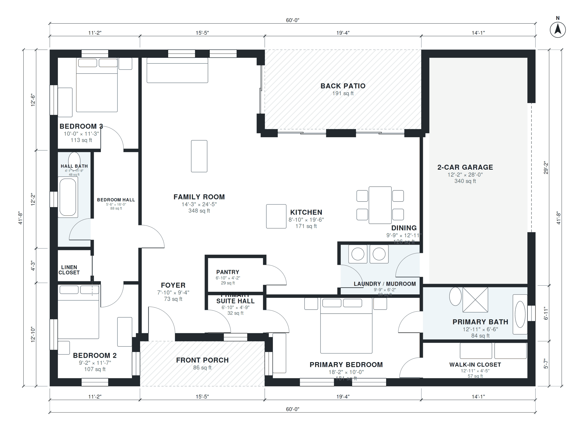 Ranch house floor plan with dimensions