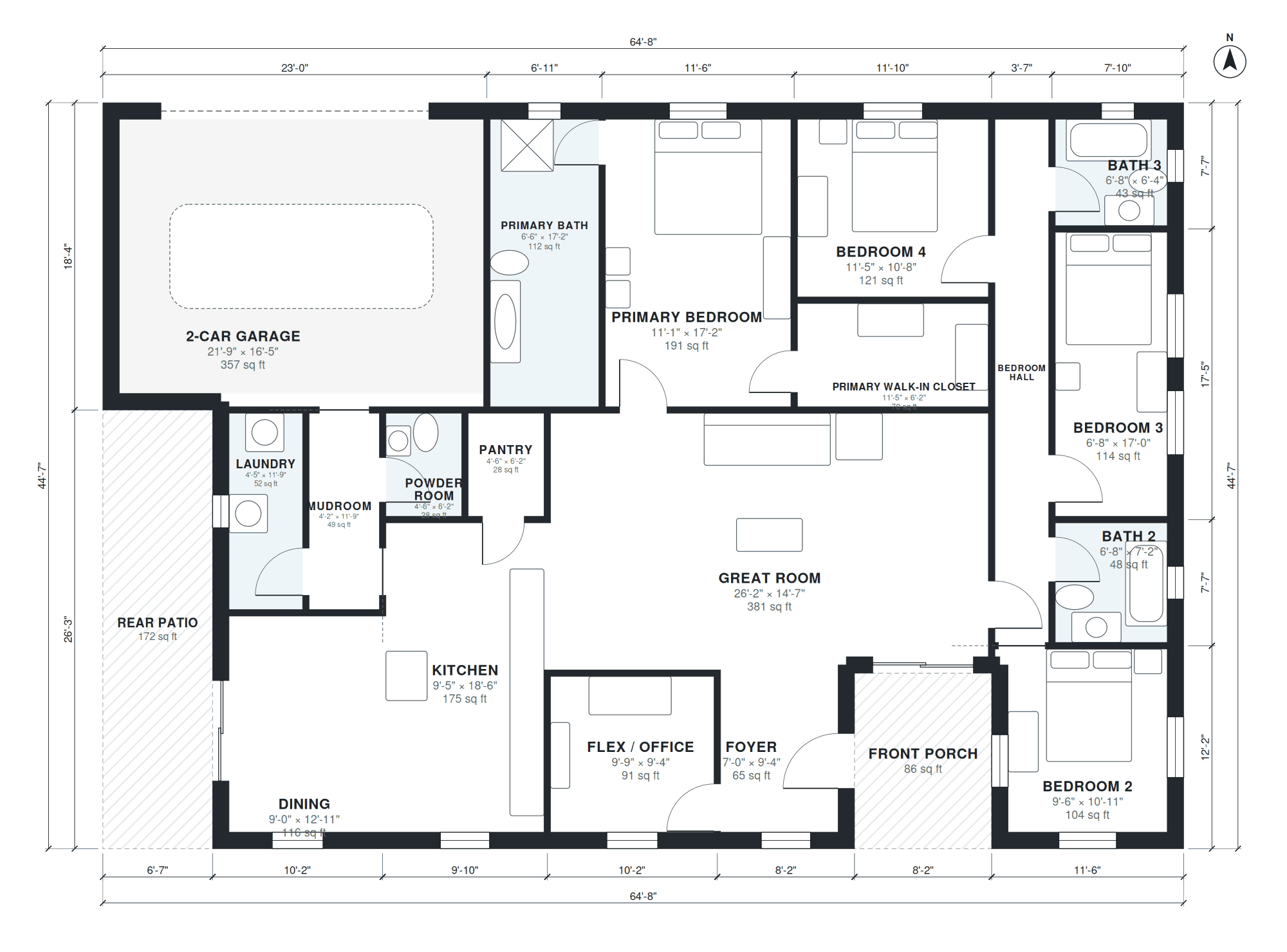 Split bedroom floor plan with dimensions
