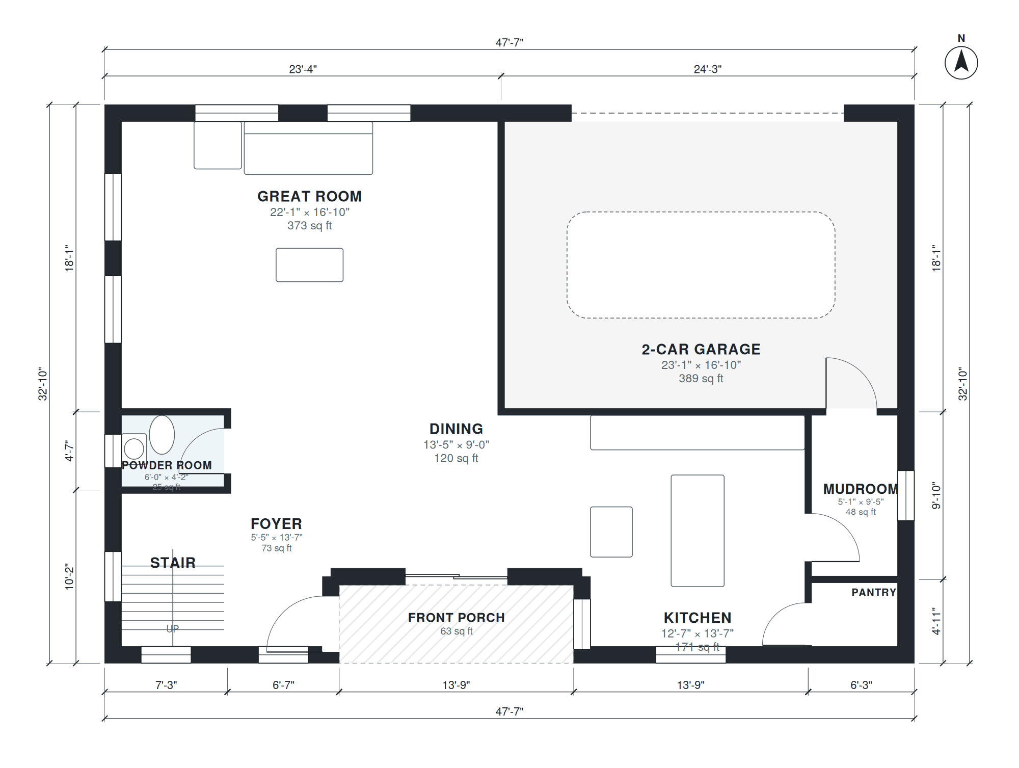 Two story house floor plan with dimensions